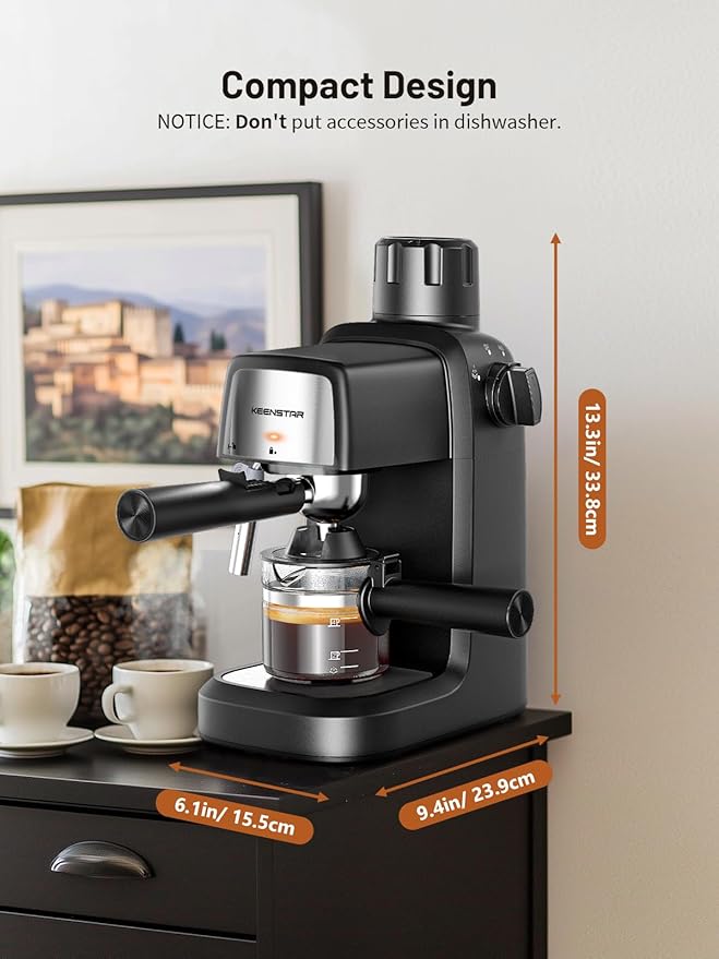 KEENSTAR 3.5Bar Espresso Machine 800W, Compact 4-Cup Espresso Maker Preheat | Fast Heating, Milk Frother Steam Wand, Espresso and Cappuccino Machine for Cappuccino or Latte Black