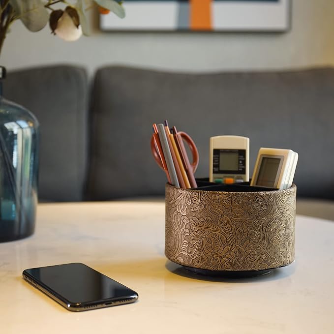 lizimandu Round Leather Art Supply Organizer,Remote Control Holder,360 Degree Spinning,Multi-Functional Pencil Holder,4 Compartments Desktop Stationary Organizer(1-Gold)