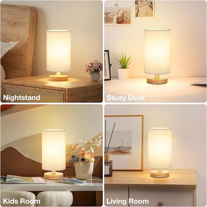 Fenmzee Small Table Lamps (White Shade - Wood Base, 9" Inline Control) | 3000K LED Blub Included | 680 Lumens | Easy Assembly | Minimalist Design | E26 | for Kitchen | for Kids Room