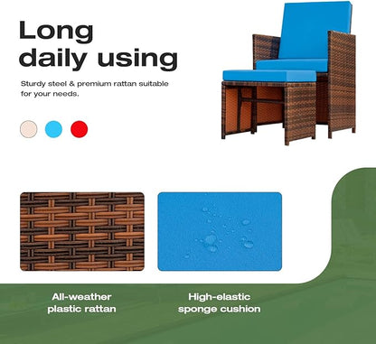 Devoko 4 Pieces Patio Wicker Furniture Set Outdoor Patio Chairs with Ottomans All Weather Cushioned Chairs Balcony Porch Furniture (Blue)