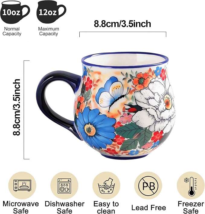 ALMA 12oz Handpainted Ceramic Tea Mugs | Microwave & Dishwasher Safe, Ideal for Morning Coffee Tea, Home Kitchen Dining Room Display, For Home Makers & Women
