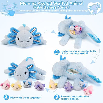 gnomantic Axolotl Stuffed Animals with Babies Inside, Mommy Toy for Kids | 5-Piece set: 1 mommy axolotl + 4 baby axolotls inside. Unzip belly to reveal surprise babies. Ultra-soft, ages 3-8.