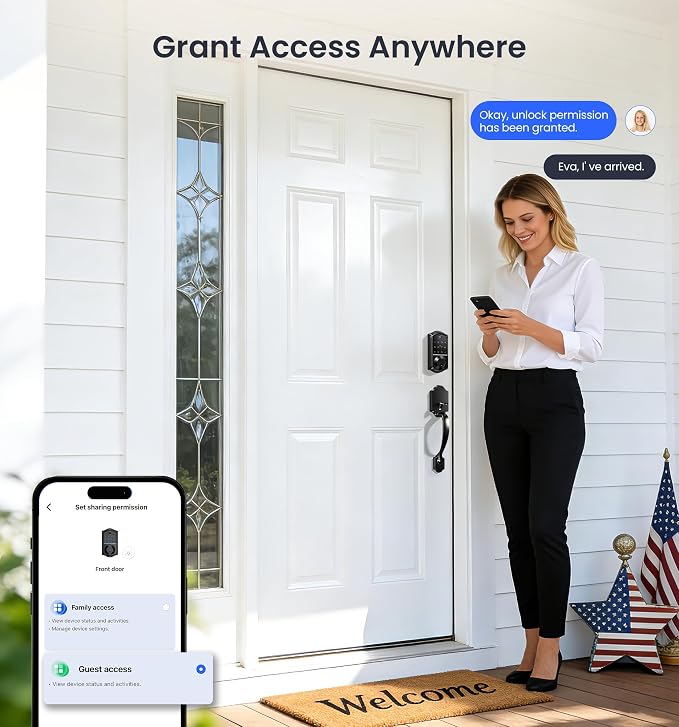 Veise VE017 Fingerprint Smart Door Lock, App Control, 8-in-1 Keyless Entry, Auto Lock, Emergency Power Port, Electronic Touchscreen Keypad, Biometric Smart Locks for Front Door, Matte Black