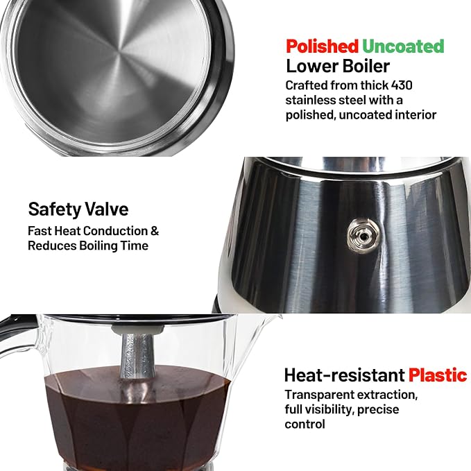 Electric Plastic Clear Moka Pot 3-6 Cup 150-300ml Mocha Pot | Stainless Steel Espresso Maker with Detachable Base Ideal Coffee Maker for Home Italian and Cuban Café Coffeemaker Black