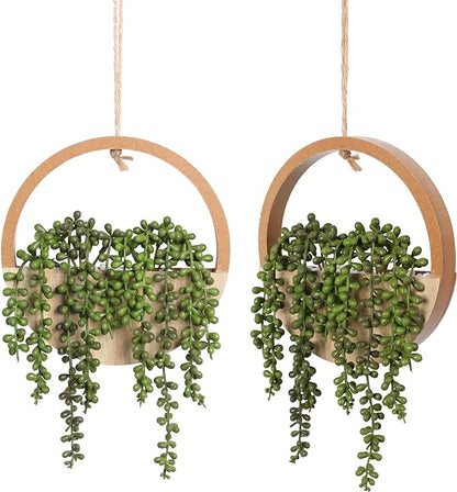 Floweroyal 2pcs Artificial Succulents Hanging Plants 12.2'' Fake String of Pearls in Pot with 8.3'' Lanyard for Indoor Outdoor Wall Decor（Wood Color）.