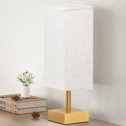 aooshine Gold Small Table Lamp - Bedside Lamp for Bedroom, Minimalist Nightstand Lamp with Square Fabric Shade, Desk Lamp for Kids Room Dorm | Inline Rocker Switch, Corded Electric, Bulb Not Included, 12.8" Mini Table Lamp for Nightstand, Desk, Dorm, O...