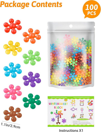 100PCS Snowflake Interlocking Building Block Educational Toy for Kids Ages 3+, Multi-Color Solid Plastic Early Learning Creativity STEM Toy with Carrying Case Safe Material