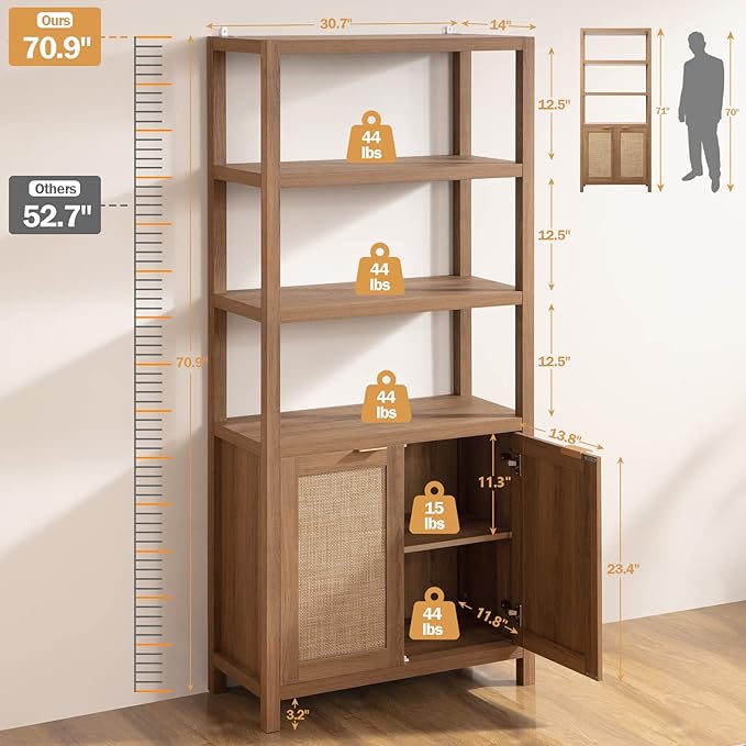 SICOTAS Bookshelf 5 Tier Book Shelf Rattan Boho 71" Tall Bookcase with Doors Storage Shelves Large Bookshelves Farmhouse Bookcases Library Book Case for Living Room Bedroom Home Office Kitchen