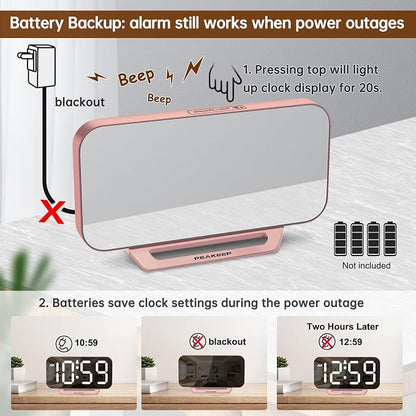 Peakeep Slim Digital Mirror Aesthetic Alarm Clock for Bedrooms Desk Decor | Plug in Electric Big LED Modern Small Clock for Office Living Room, Battery Backup, 6 Dimmers (Rose Gold)