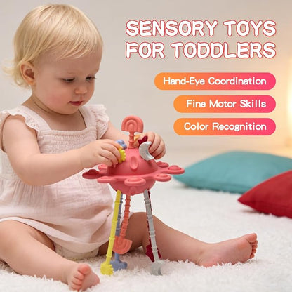 Food Grade Silicone Pull String Baby Toy, Montessori Pull String Sensory Toy (Red)