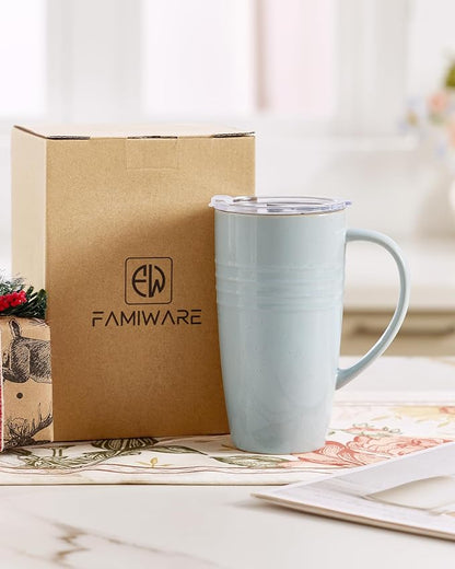 famiware Jupiter Large Coffee Mug, 20oz Coffee Mug with Lid, Ceramic Mugs Set of 2, Cup Set with Handle for Latte, Tea, Cocoa, Milk, Microwave and Dishwasher Safe,Light Blue and Vanilla White