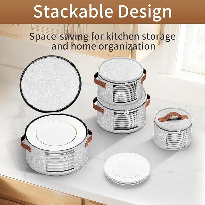 Foyego China Storage Containers, Light Gray, 4 Piece Set | with Lid, Handles & Visible Window, Stackable Moving Boxes for Plates Storage, Sturdy Dish Packing Supplies for Protection