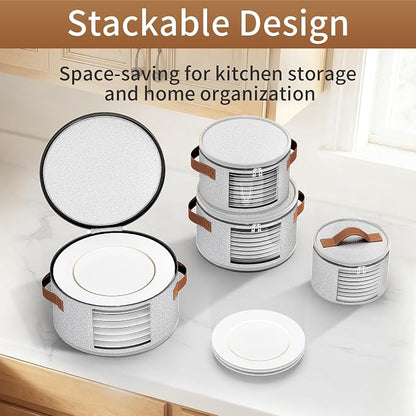 Foyego China Storage Containers, Light Gray, 4 Piece Set | with Lid, Handles & Visible Window, Stackable Moving Boxes for Plates Storage, Sturdy Dish Packing Supplies for Protection