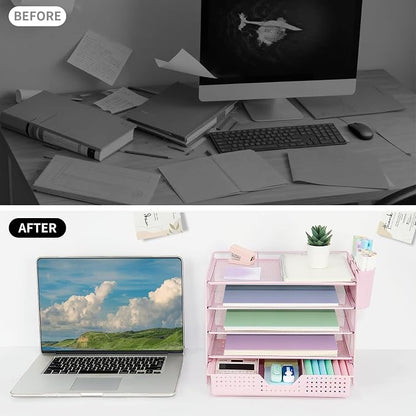 LEKETREE Desk Organizers and Accessories, 5-Tier Paper Letter Tray Organizer with Drawer & 2 Pen Holders, Desktop Organizer for Office Supplies (Pink)