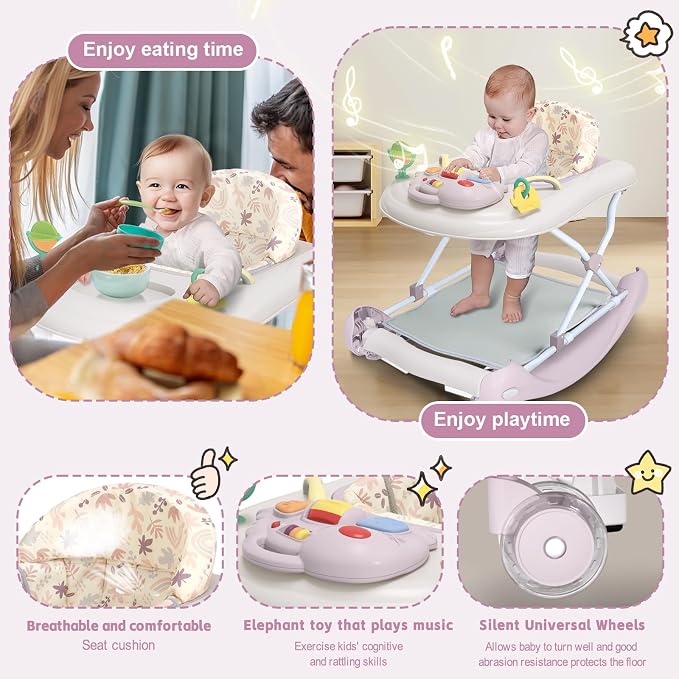 5 in 1 Foldable Baby Walker,Activity Baby Walker-Baby Bouncer,Rocker,Activity Center,Seat and Push Walker,Detachable Footrest Mat,Adjustable Speed Rear Wheels and Height,Ages 6-18 Months (Purple)