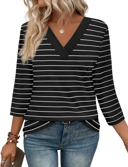 WIHOLL Womens Tops 3/4 Length Sleeve V Neck Casual Tunic Tops Basic Shirts Loose Fit Blouse