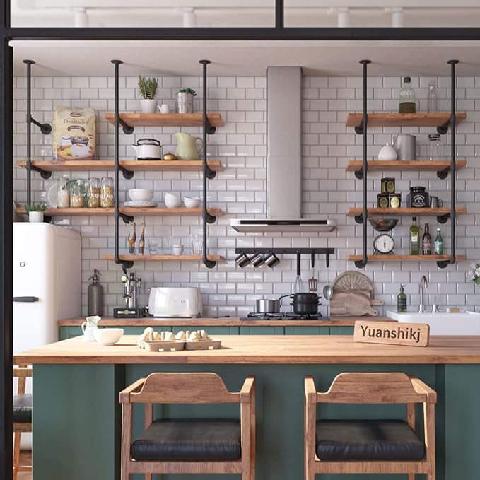 Yuanshikj 2Pc (42" tall 12" deep, 3/4") Industrial Wall Mount iron Pipe Shelf Shelves Shelving Bracket Vintage Retro Black DIY Open Bookshelf Storage Home Kitchen (2 Pcs 3Tier Hardware only)