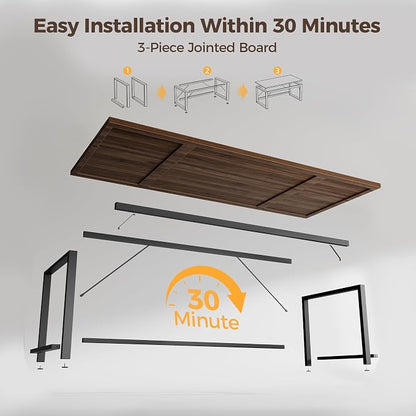 Mericonia 63x28 Inch Computer Desk, 1" Thick Large Office Table, Walnut | Modern Simple Style, Heavy Duty Industrial Frame, Large Study & Writing Table for Home Bedroom Work