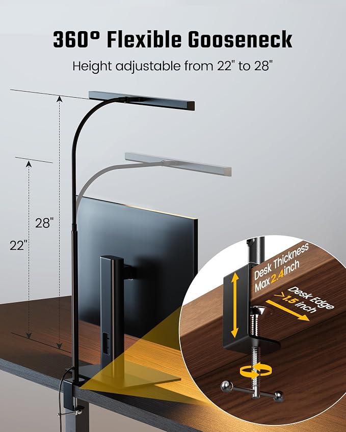 SUPERDANNY LED Desk Lamp for Office Home, Eye-Caring Desk Light with Adjustable Gooseneck, 12W Touch Control Dimmable Brightness, Architect Clamp Lamp with USB Adapter for Reading Study Workbench