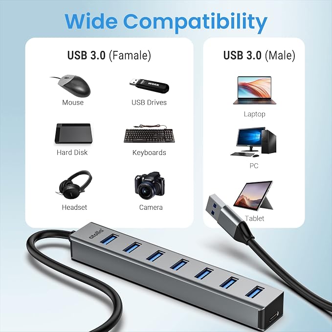 USB 3.0 hub, atolla 7-Port Multi USB Aluminum hub, 1m Extension Cable USB Splitter, Suitable for PC, Laptop, MacBook Pro, etc.