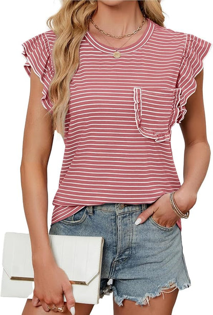 JUSTFASHIONNOW Womens Summer Tops Striped T-Shirts 2026 Ruffle Short Sleeve Crew Neck Casual Blouses with Pocket