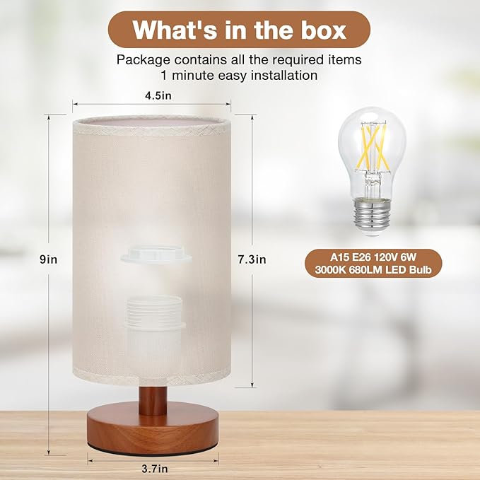 Fenmzee Small Table Lamps (Beige Shade - Walnut Base, 9" Inline Control) | 3000K LED Blub Included | 680 Lumens | Easy Assembly | Minimalist Design | E26 | for Kitchen | for Kids Room