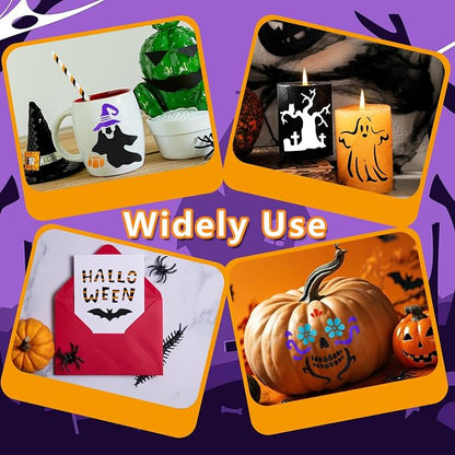 72 PCS 3x3 Inch Halloween Stencils for Painting - Pumpkin, Ghost, Bat, Spider Web Witch Skull Reusable Halloween Painting Templates on Wood, Glass, Fabric, Window Door Decor DIY Decoration