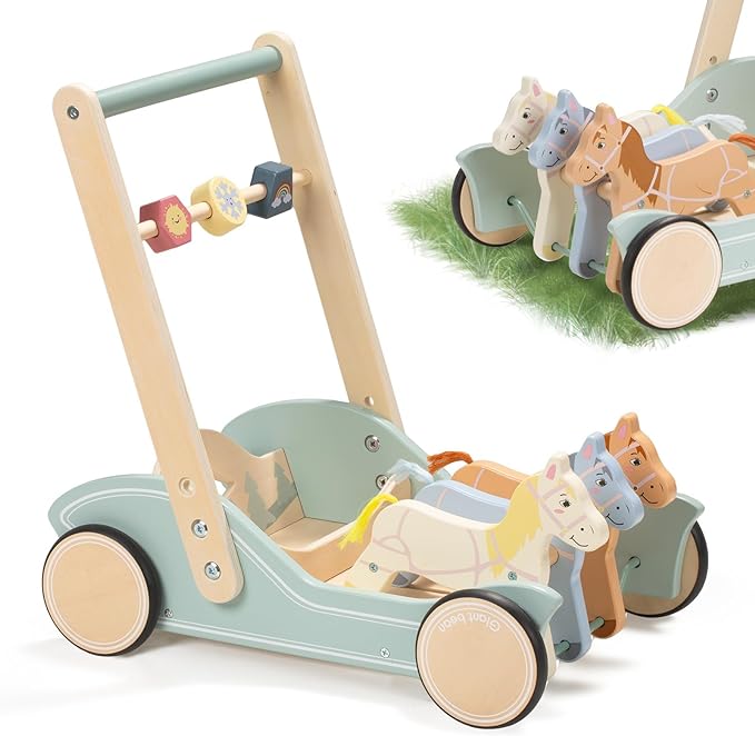 Giant bean Wooden Baby Push Walker for Boys Girls Ages 1-3, Galloping Ponies Push and Pull Activity Walker Adjustable Speed, Baby Push Walker Christmas Gift for Toddler Kids Motor Skills & Creativity