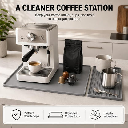Silicone Coffee Mat 24 x 16 in with Tray, Minimal Light Gray | Coffee bar mat for countertop use, coffee station mat or coffee machine mat with removable tray and 0.47 in raised rim.