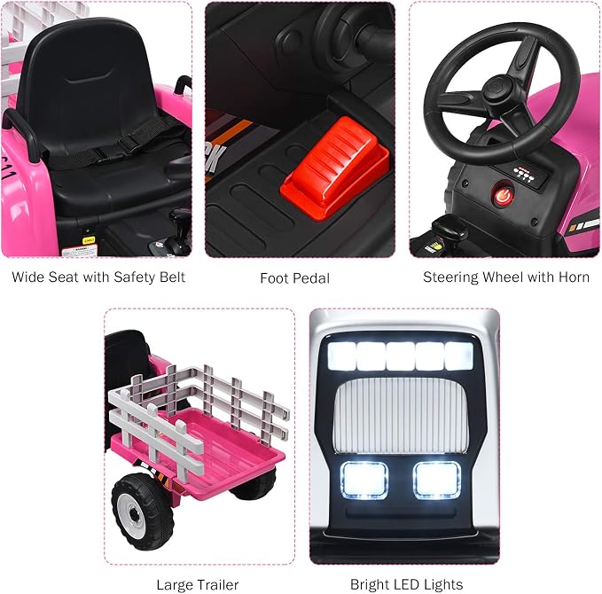 HONEY JOY Ride On Tractor with Trailer, Toddler 3-Gear-Shift Ground Loader, LED Lights, Horn, Music, 12V Battery Powered Electric Toy Tractor with Remote Control (Pink)