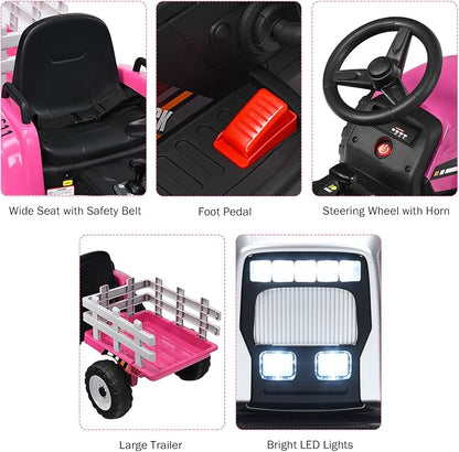 HONEY JOY Ride On Tractor with Trailer, Toddler 3-Gear-Shift Ground Loader, LED Lights, Horn, Music, 12V Battery Powered Electric Toy Tractor with Remote Control (Pink)