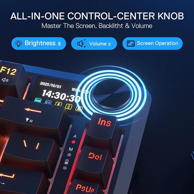 Redragon K724 PRO Wireless 81-Key Gasket Gaming Keyboard with Screen & Knob | Easy-Control LED Info Display, 0-Delay Tri-Mode, Cushioned 5-Layer Noise Dampening for Creamy Thocky Sound, Compact 80% Size
