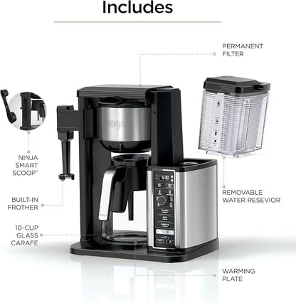 Ninja Coffee Maker, 10-Cup Carafe, Fold-Away Frother, Black, CM401 | Permanent Filter & Removable, Dishwasher Safe Reservoir, 6 Brew Styles, 8 Cup to Travel Mug to Pot Sizes