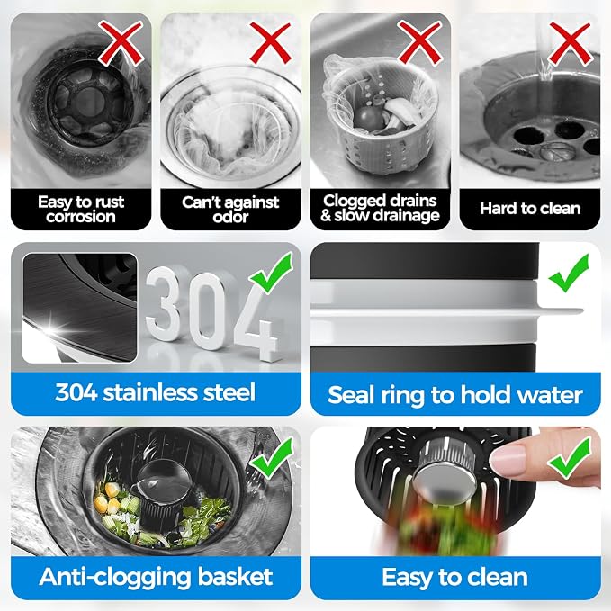zaa 3 in 1 Kitchen Sink Drain Strainer Stopper Removable Basket Pop-Up | Kitchen Sink Accessories 1 Pack All Black Stainless - Food Catcher, Odor-Blocking Seal, Fits 3.5" Drain