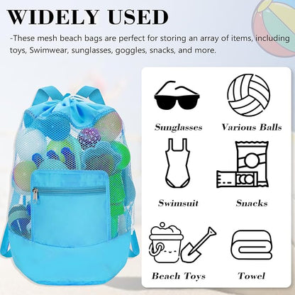 INVODA Mesh Beach Bag Drawstring Beach Backpack Foldable Toy Organizer Bag Shell Adjustable Straps Large Capacity Swim Bag