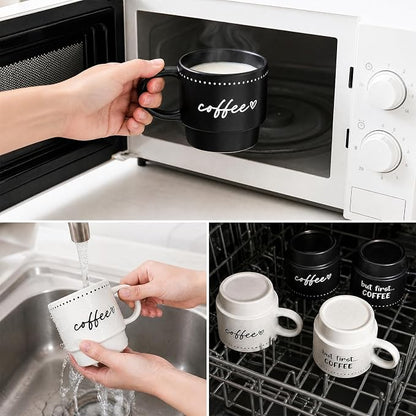 10oz Stackable Coffee Mugs Set of 4, Modern Ceramic Coffee Mug | Coffee Cup for Man, Woman, Dad, Coffee Mug Set for Hot Drinks, Coffee, Cocoa & Tea, Latte Mugs Cup Set for Home & Office Use