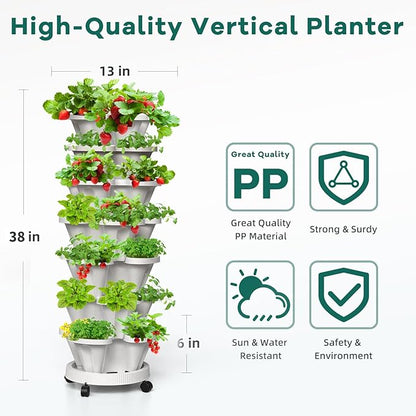 7 Tiered Strawberry Vertical Planters, 2 Pack Stacking Tower Garden with Support Pole, Stackable Herb Vegetable Planters Indoor Outdoor White
