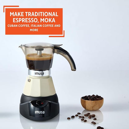IMUSA 3 or 2 Cup Electric Espresso Maker with Cool-touch Handle, Almond | Bare Aluminum Finish, Keep Warm Function and Detachable Base, Ideal for Cuban and Italian Drinks, Perfect for Home Baristas