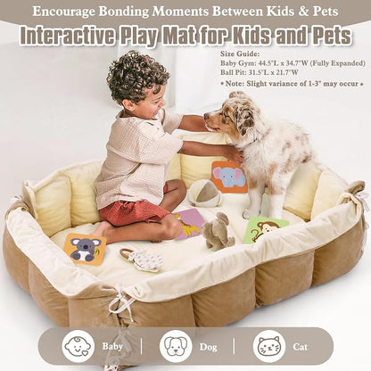 5-in-1 Plush Baby Play Gym, Baby Play Mats, Convertible Baby Gym, Tummy time mat, 6 Sensory Toys, Activity Center, Ball Pit, Cream