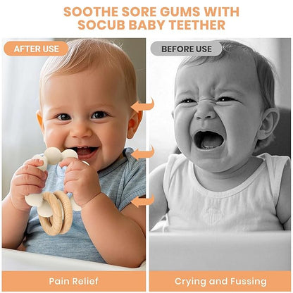 Socub Baby Teething Toys for 0-6 6-12 Months- BPA-Free Food-Grade Silicone & Natural Beech Wood Teether Ring for Newborn Infants Teething Relief- Easy-Grip Sensory Rattle Toys(Shifting Sand)