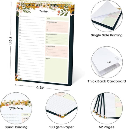 Taja To Do List Notepad, Undated Daily Planner for Work and Goal Setting | Rustic Floral, 52 Sheets, 9.8" x 6.5" , for Office, Home and school, Daily Task Planning, Notes and Everyday Organization