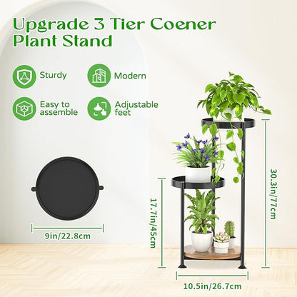 3 Tier Plant Stand Indoor Outdoor, Corner Tierd Metal Flower Shelf Pot Holder Clearance, Tall Multiple Plants Rack Narrow Display Organizer for Patio Orchid Office Porch Living Room Garden,Black
