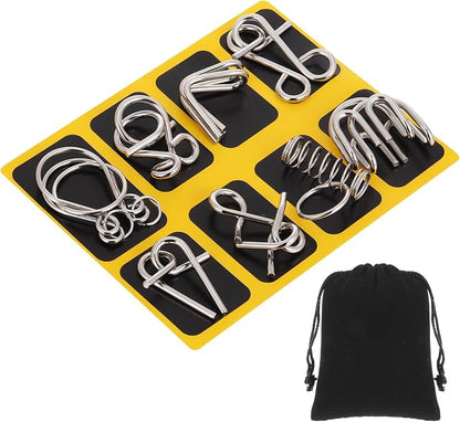 Metal Wire Puzzle Set of 8 with Pouch, Brain Teaser Puzzles IQ Test Ring Disentanglement Unlock Interlock Game Trick Metal for Party Favor Challenge(A Style)
