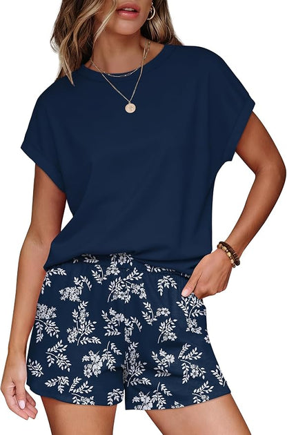 WIHOLL Two Piece Sets for Women Summer Lounge Short Sets Cap Sleeve Crew Neck Sweatsuit with Pocket XS-2XL