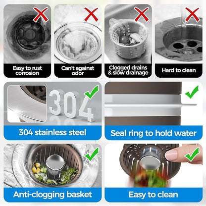 zaa 3 in 1 Kitchen Sink Drain Strainer Stopper Removable Basket Pop-Up | Kitchen Sink Accessories 1 Pack Brown Stainless - Food Catcher, Odor-Blocking Seal, Fits 3.5" Drain, Easy Clean