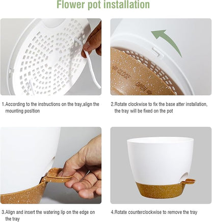 12/10/9 inch Large Self Watering Pots, Plant Pots with Mesh Drainage Holes for Indoor Outdoor Garden Plants, Flower Pots with Deep Reservoir, 3 Pack Plastic Planters, White with Brown