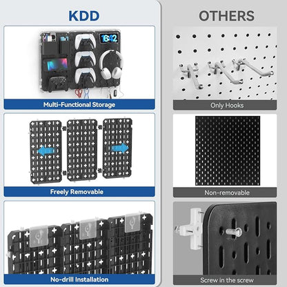 KDD 9 in 1 RGB Gaming Wall Organizer Peg Board - DIY Pegboard Combination Kit with Phone Stand/Pen Holder/Storage Box/Headset & Controller Holder/Hooks for Office & Home Gamer Room Decor Accessories