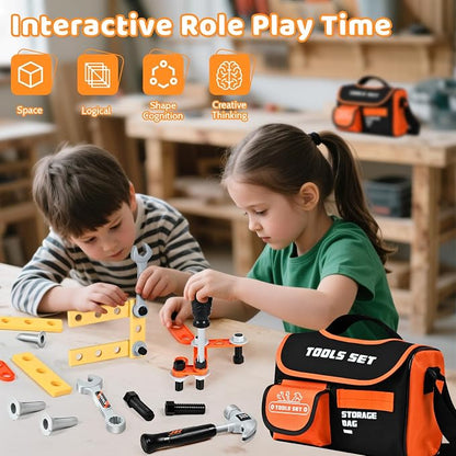 Premium Kids Tool Set, Portable Carrying Bag with Battery Powered Toy Drill, Easy-Grip Pretend Play Toddler Tool Kit, Construction Toys for Boys & Girls Age 3-8, STEM Gifts