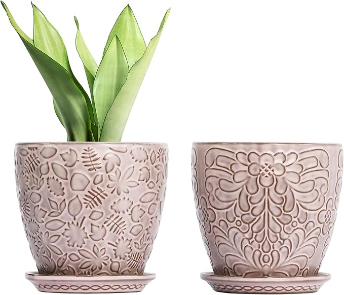 6 Inch Retro Ceramic Planter Set of 2 with Drainage Hole and Saucer for Plants, Indoor-Outdoor Garden Pots for Succulent, Orchid, and Flower (Fits Inner Pots Up to 5 Inches, Retro Peach)