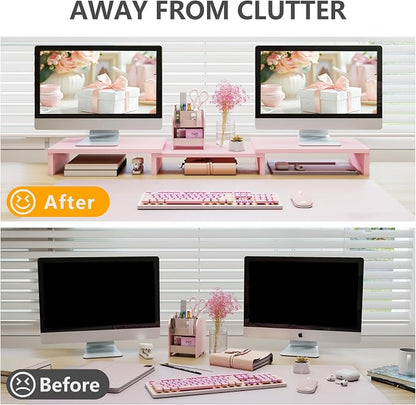 TAVR Dual Monitor Stand Riser, Wooden Computer Monitor Stand for 2 Monitors | Extra Long Multifunctional Desktop Organizer Riser for TV, PC Monitor, Laptop, Printer, Max 43.3" Length, Pink